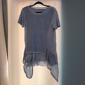 Blue Knit Lace Overlay Top